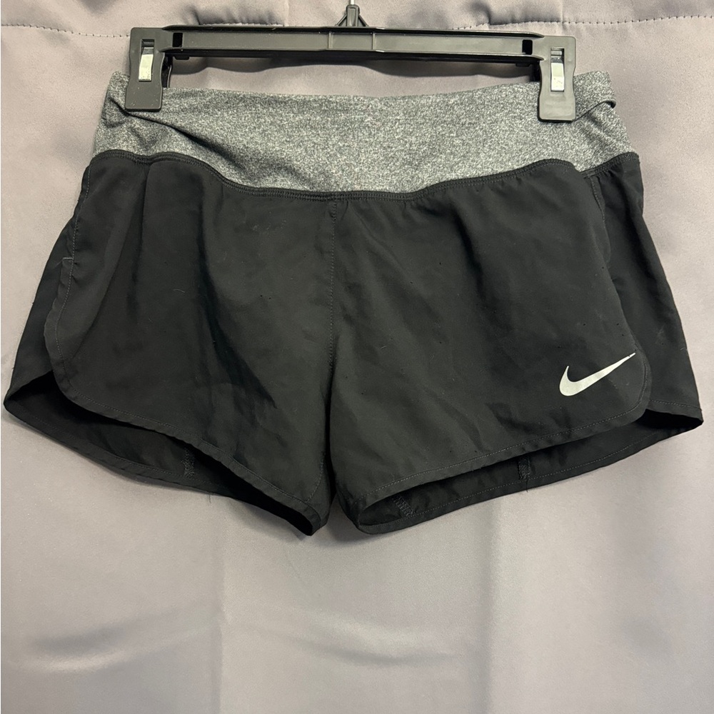 Nike Women's Black Running Shorts with Gray Waistband and Reflective Swoosh